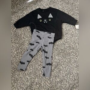 Black Bat Bubble Romper and Gray Bat Leggings Set Size 12 Months